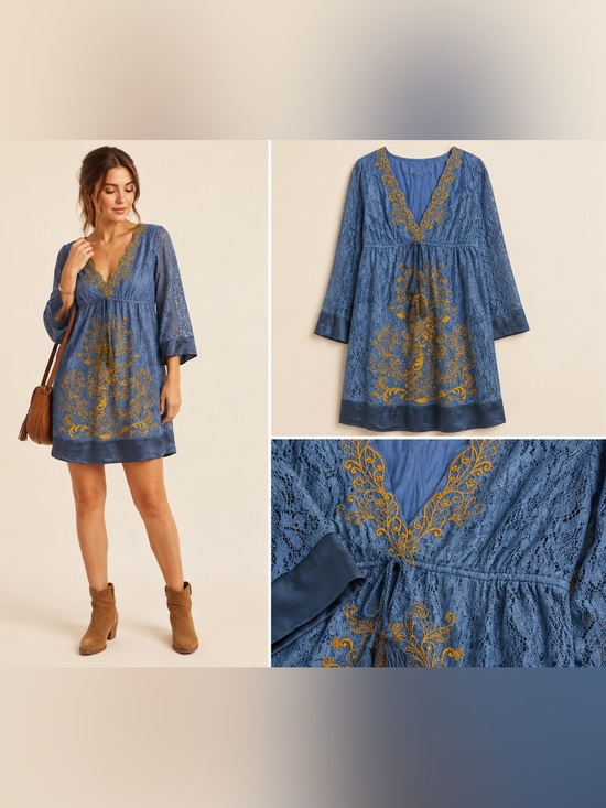 Flying Tomato Dresses & Skirts - Flying Tomato Blue Lace Embroidered Boho V-Neck Shift Dress Size Medium